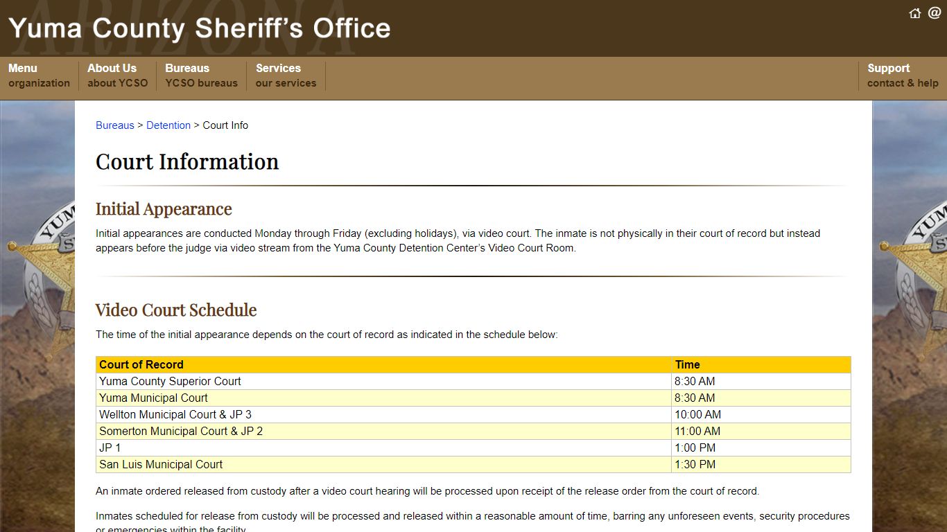Yuma County Detention Center: Court Information